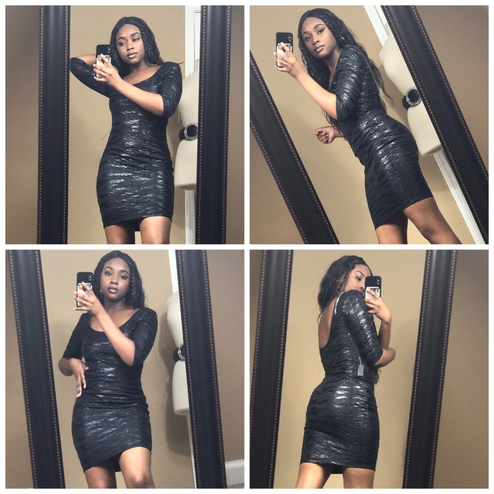 Black dress, half sleeve, liquid look dress.